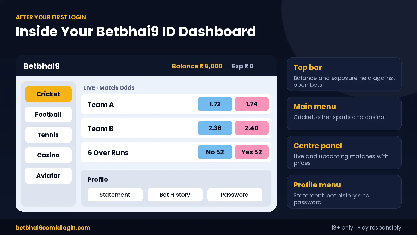 Betbhai9 ID login dashboard explained: top bar balance, main menu, live match panel and profile menu